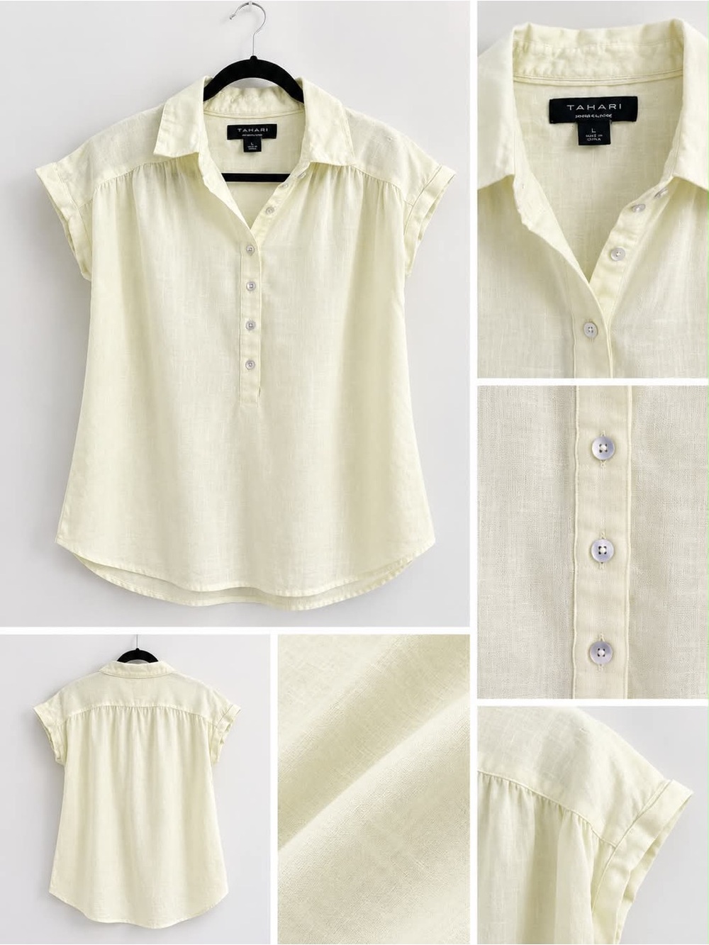 Tahari Light Cream Short Sleeve Linen Button-Front Shirt